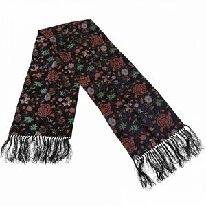 Luxury Chinese Silk Brocade Scarf - Black with Floral & Longevity Motifs